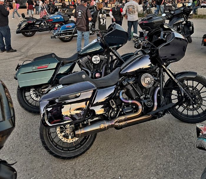 Lineup of custom bikes with PVD finished parts at a rally